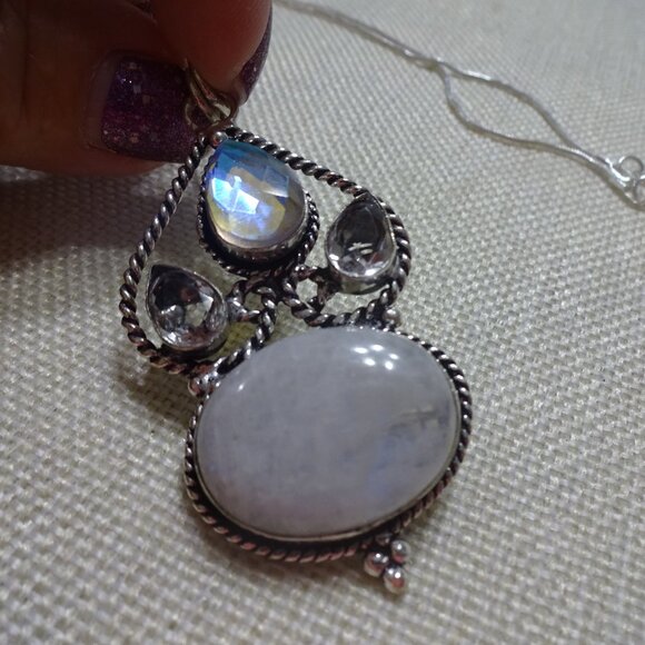 Beautiful RAINBOW MOONSTONE & TOPAZ Handmade Sterling 925 Pendant/Chain #471C - Picture 1 of 3